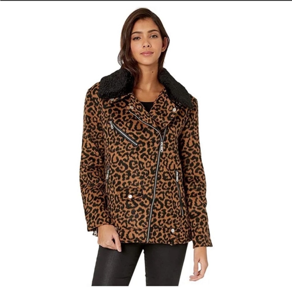 🐆Avec Les Filles Leopard Wool Blend Moto Jacket Zippered Coat Size XXS